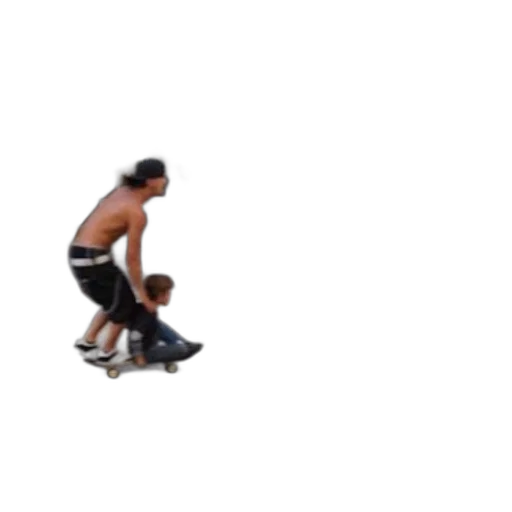 shirtless, man, child, ride, skateboard, down, city, street transparent PNG cut-out