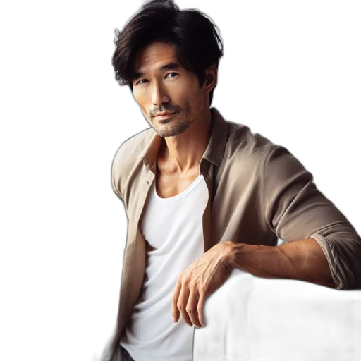 photorealistic, oil painting, cartoon, asian, man, his, 30s, 40s transparent PNG cut-out