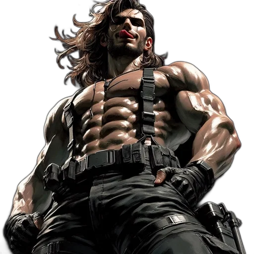 comic book art, concept art, cyberpunk, photorealistic, muscular, shirtless, man, long transparent PNG cut-out