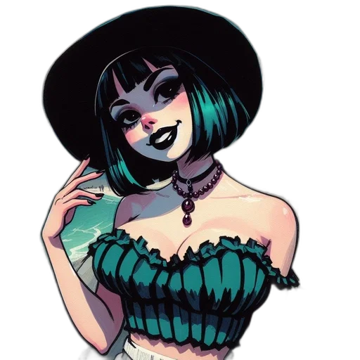 dress, hat, jewelry, comic book art, cartoon, concept art, fantasy art, green transparent PNG cut-out