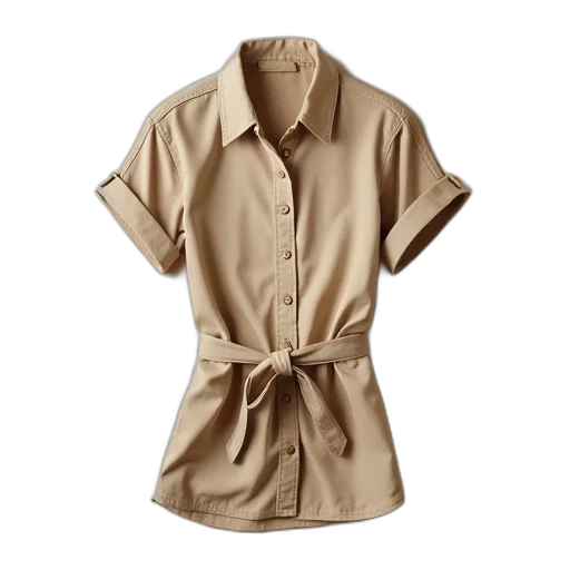 jacket, dress, earth tones, beige, button-up, short-sleeved, shirt, belt transparent PNG cut-out
