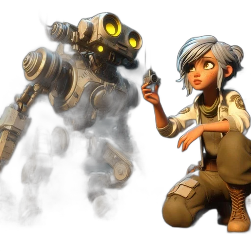 robot, weapon, concept art, 3d render, fantasy art, comic book art, earth tones, young transparent PNG cut-out