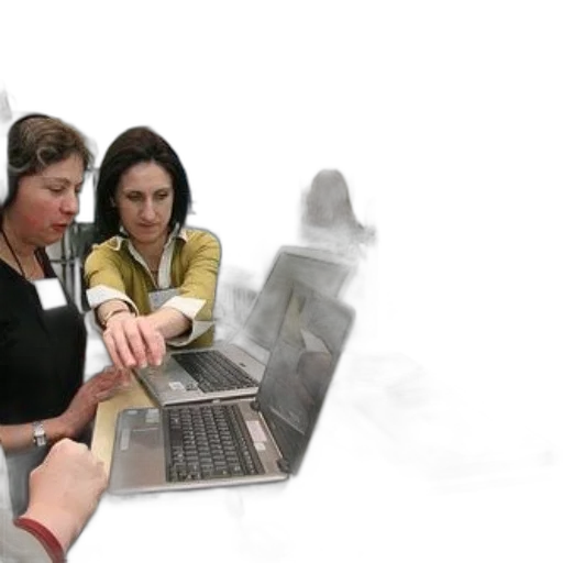 staff, two, women, sit, table, laptops, discussing, educational transparent PNG cut-out