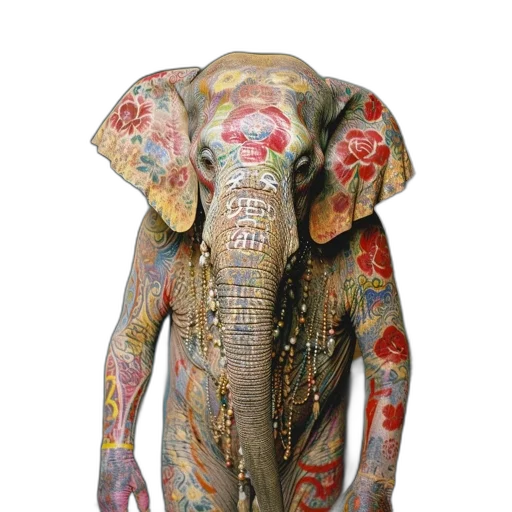 jacket, photorealistic, concept art, elephant, colorful, tattoos, jewelry, stands transparent PNG cut-out