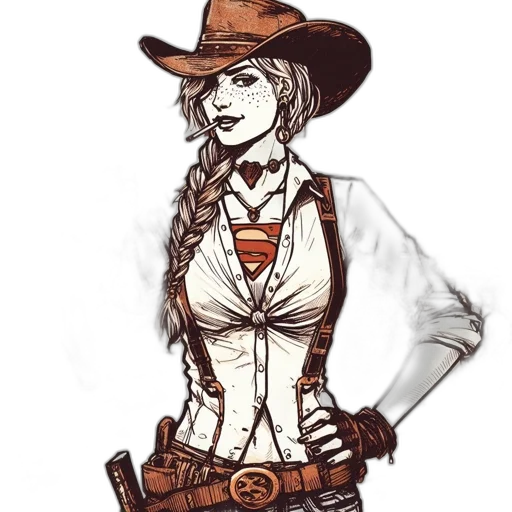 staff, hat, comic book art, concept art, fantasy art, cartoon, woman, cowboy transparent PNG cut-out