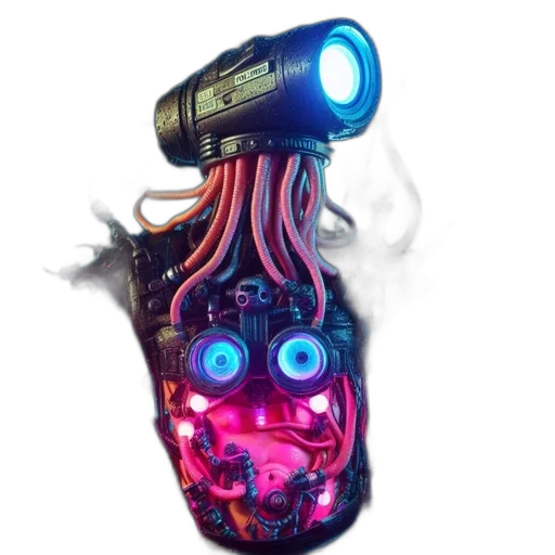 robot, mask, bottle, weapon, cyberpunk, concept art, 3d render, vaporwave transparent PNG cut-out
