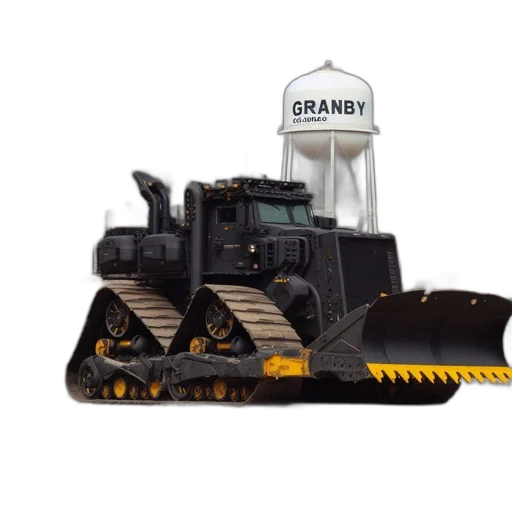 weapon, robot, 3d render, concept art, large, black, yellow, bulldozer transparent PNG cut-out