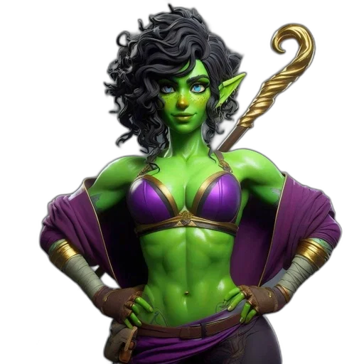 staff, fantasy art, concept art, comic book art, 3d render, green, female, character transparent PNG cut-out