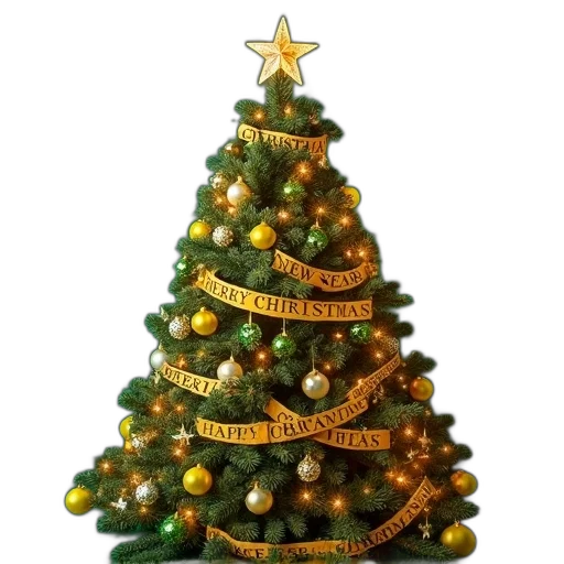 tree, festive, christmas, green, background, adorned, yellow, ornaments transparent PNG cut-out