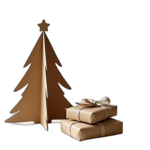 tree, earth tones, minimal, cardboard, christmas, wooden, decoration, presents transparent PNG cut-out