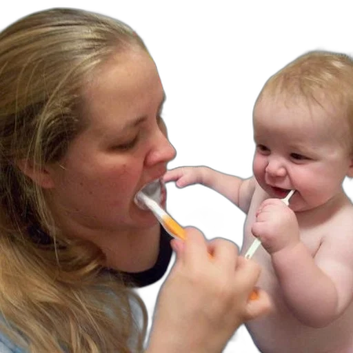 food, photorealistic, woman, baby, both, brushing, their, teeth transparent PNG cut-out