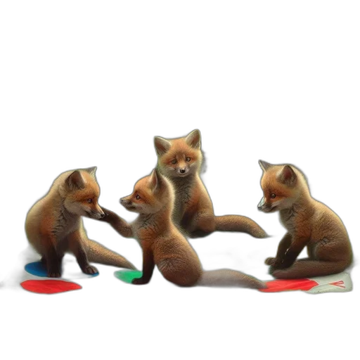 concept art, 3d render, photorealistic, fire, forest, four, young, foxes transparent PNG cut-out