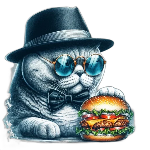food, animal, photorealistic, concept art, cat, wearing, hat, sunglasses transparent PNG cut-out