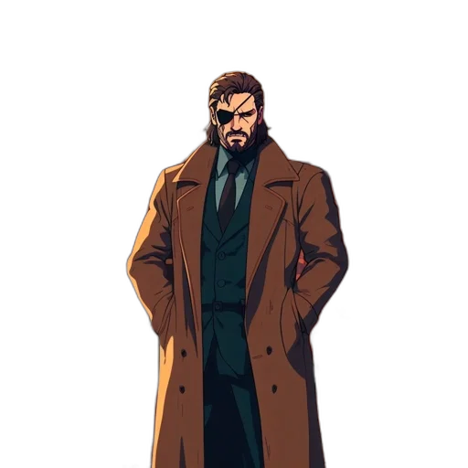 jacket, staff, concept art, comic book art, cartoon, pixel art, earth tones, dark transparent PNG cut-out