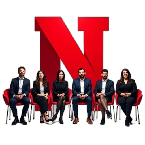 staff, group, diverse, individuals, seated, semi-circle, large, red transparent PNG cut-out