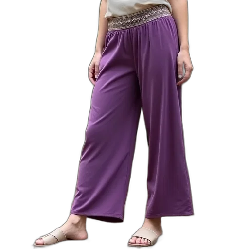 dark, person, wearing, beige, top, purple, pants, patterned transparent PNG cut-out