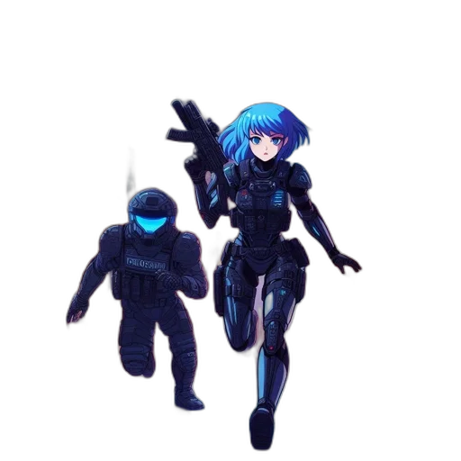 robot, weapon, concept art, pixel art, cyberpunk, 3d render, outer space, blue transparent PNG cut-out