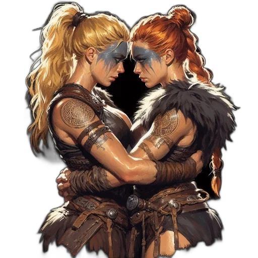 fantasy art, concept art, comic book art, pixel art, fire, two, female, warriors transparent PNG cut-out