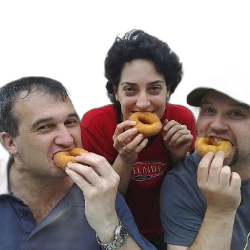food, three, people, enjoying, doughnuts, outdoors, one, wearing transparent PNG cut-out