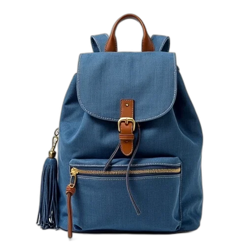 blue, denim, backpack, fringed, tassel, detail, bottom, left transparent PNG cut-out