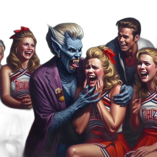 comic book art, concept art, fantasy art, outer space, fire, cheerleaders, red, white transparent PNG cut-out