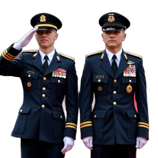 staff, jacket, 3d render, two, military, officers, uniform, standing transparent PNG cut-out