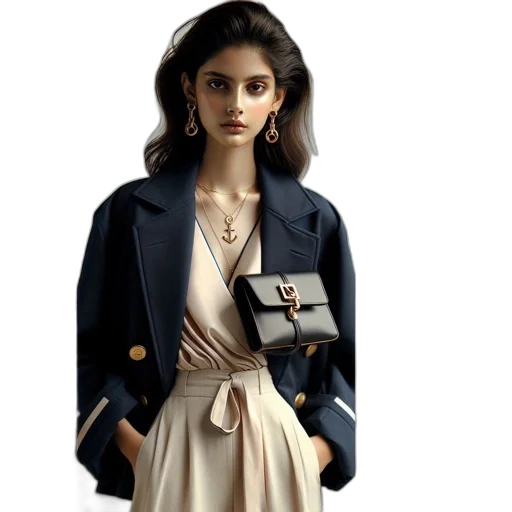 jacket, jewelry, dress, concept art, photorealistic, 3d render, fantasy art, woman transparent PNG cut-out