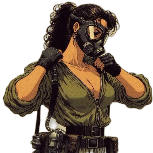 mask, weapon, comic book art, cyberpunk, concept art, pixel art, green, female transparent PNG cut-out