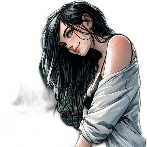face, dress, comic book art, cartoon, watercolor, fantasy art, neon lights, dark transparent PNG cut-out