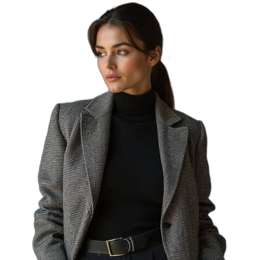 jacket, staff, jewelry, dress, photorealistic, dark, earth tones, hepburn transparent PNG cut-out