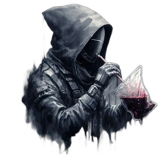 mask, jacket, bottle, face, concept art, cyberpunk, fantasy art, pixel art transparent PNG cut-out