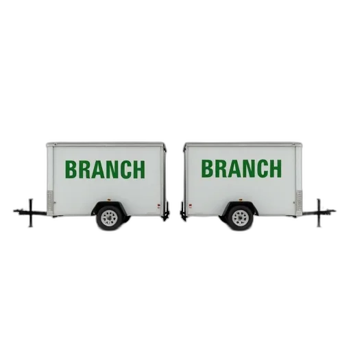 jewelry, 3d render, two, identical, white, trailers, green, lettering transparent PNG cut-out