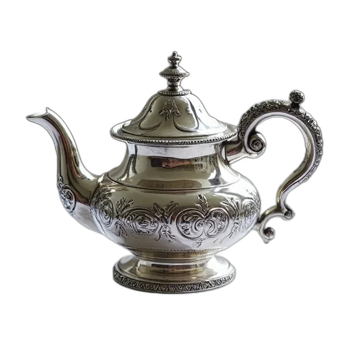 staff, photorealistic, 3d render, silver, teapot, intricate, designs, rose-shaped transparent PNG cut-out