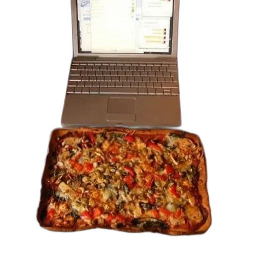 food, laptop, sits, desk, pizza, front transparent PNG cut-out