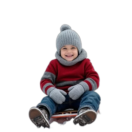 hat, jacket, photorealistic, 3d render, young, boy, sitting, sled transparent PNG cut-out