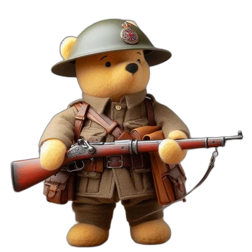 weapon, staff, concept art, pixel art, cartoon, military-attired, teddy, bear transparent PNG cut-out