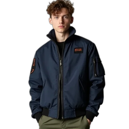 jacket, young, man, wearing, dark, blue, bomber, black transparent PNG cut-out