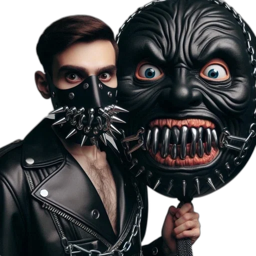 mask, face, creature, jacket, concept art, photorealistic, 3d render, dark transparent PNG cut-out