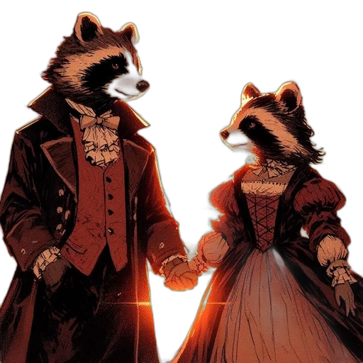 concept art, comic book art, fantasy art, two, anthropomorphic, raccoons, dressed, victorian-style transparent PNG cut-out