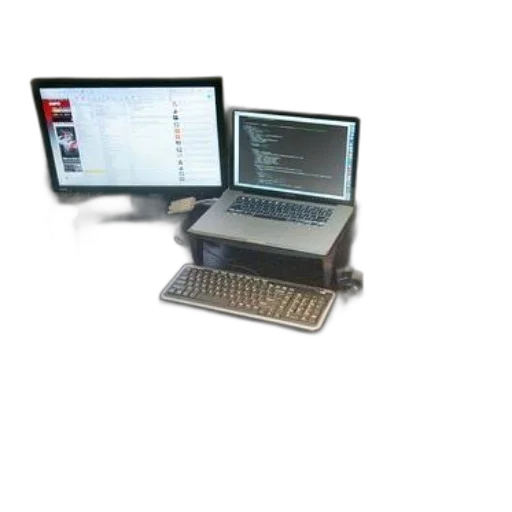 staff, 3d render, workspace, laptop, stand, two, monitors, keyboard transparent PNG cut-out