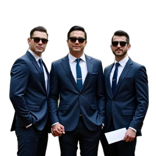 jacket, staff, photorealistic, three, men, suits, standing, forested transparent PNG cut-out