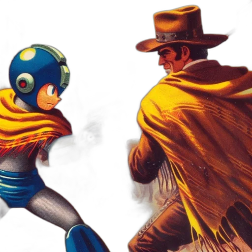 comic book art, concept art, fog, robot, resembling, mega, man, stands transparent PNG cut-out