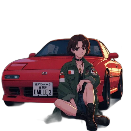 car, jacket, weapon, dress, anime, vaporwave, pixel art, cartoon transparent PNG cut-out