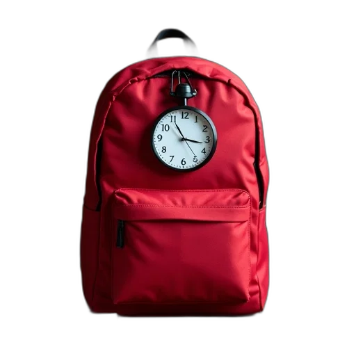jacket, 3d render, red, backpack, clock, attached, placed, wooden transparent PNG cut-out