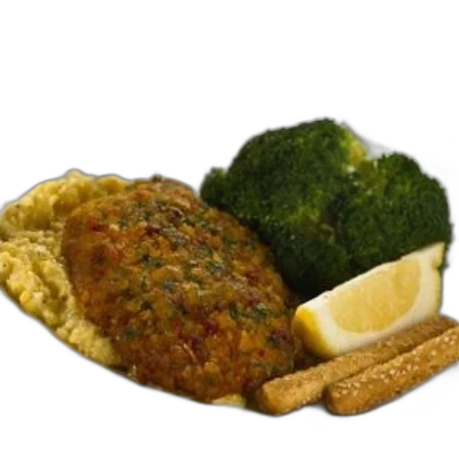 food, photorealistic, plate, featuring, meat, patty, broccoli, lemon transparent PNG cut-out