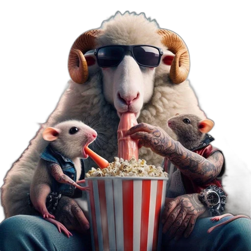 animal, concept art, 3d render, anthropomorphic, sheep, sunglasses, spiral, horns transparent PNG cut-out