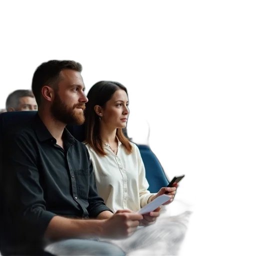staff, man, beard, woman, sitting, bus, looking, out transparent PNG cut-out
