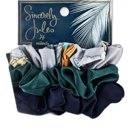 earth tones, green, blue, set, three, silk, scrunchies, sincerely transparent PNG cut-out
