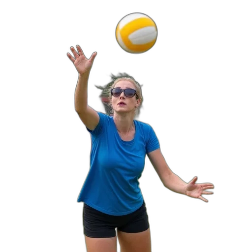 staff, photorealistic, woman, blue, shirt, black, shorts, playing transparent PNG cut-out