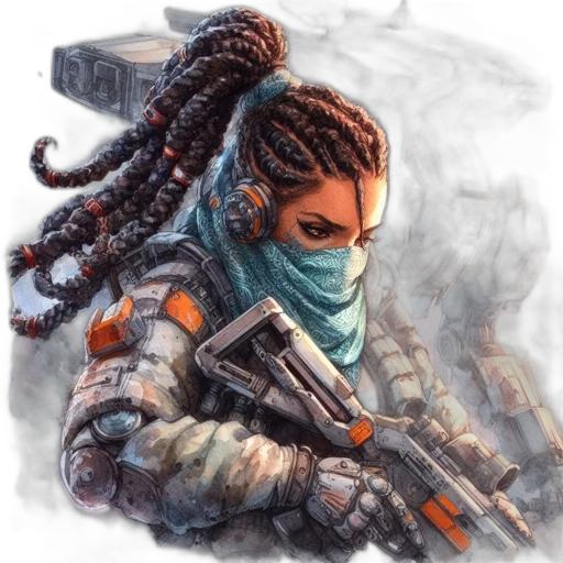 weapon, concept art, cyberpunk, fantasy art, comic book art, woman, braided, hairdo transparent PNG cut-out